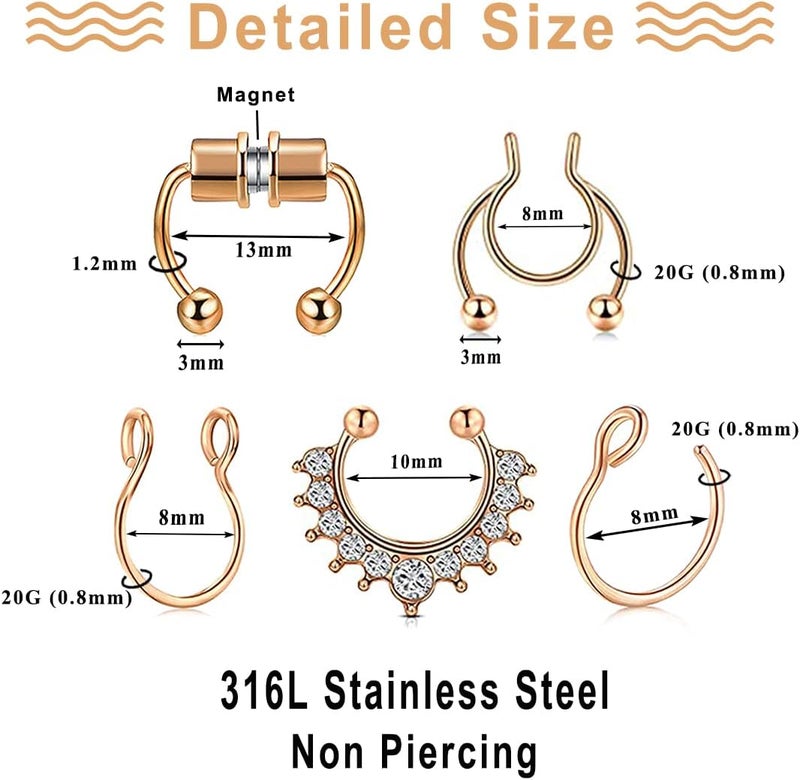 VitaCool Store Fake Nose Ring Hoop Fake Nose Stud Magnetic Septum Nose Ring Stud Stainless Steel CZ Fake Nose Piercing Stud Faux Nose Ear Lip Cuffs Non Pierced Jewelry for Women Men - Image 5